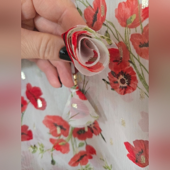 C by One | Semi-Sheer White & Red Floral Blouse with Ruffle Sleeves, Size M - Picture 8 of 8